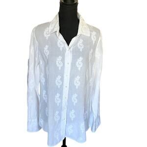 Sheer White Long sleeve Button Top Women's XL (Perfect for that oversised look)